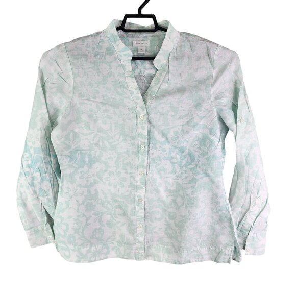 Womens Charter Club Blouse Shirt 100% Linen Teal White Floral Button Up Size 14 - Picture 1 of 10